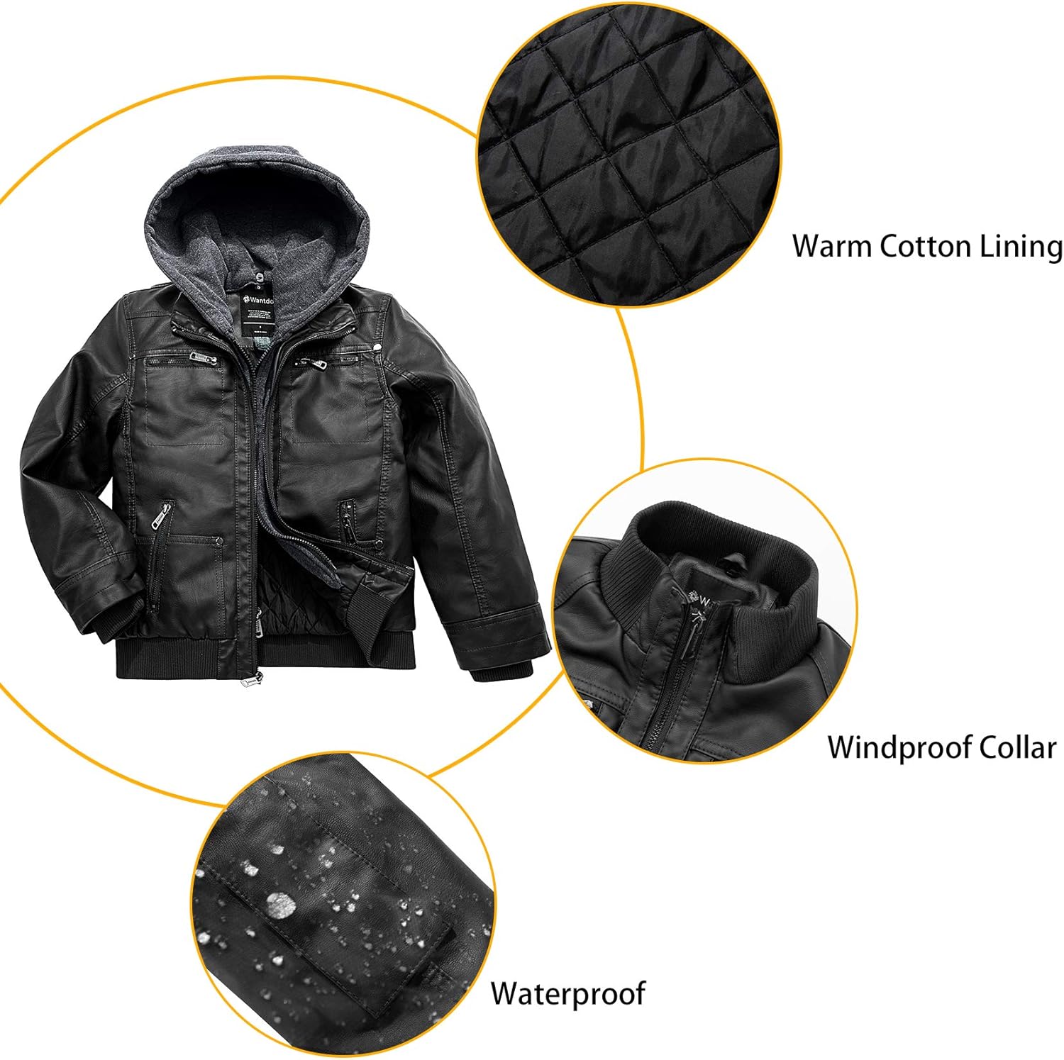 Wantdo Boy's Faux Leather Jacket Waterproof Zipper Coat with Removable Hood: Clothing