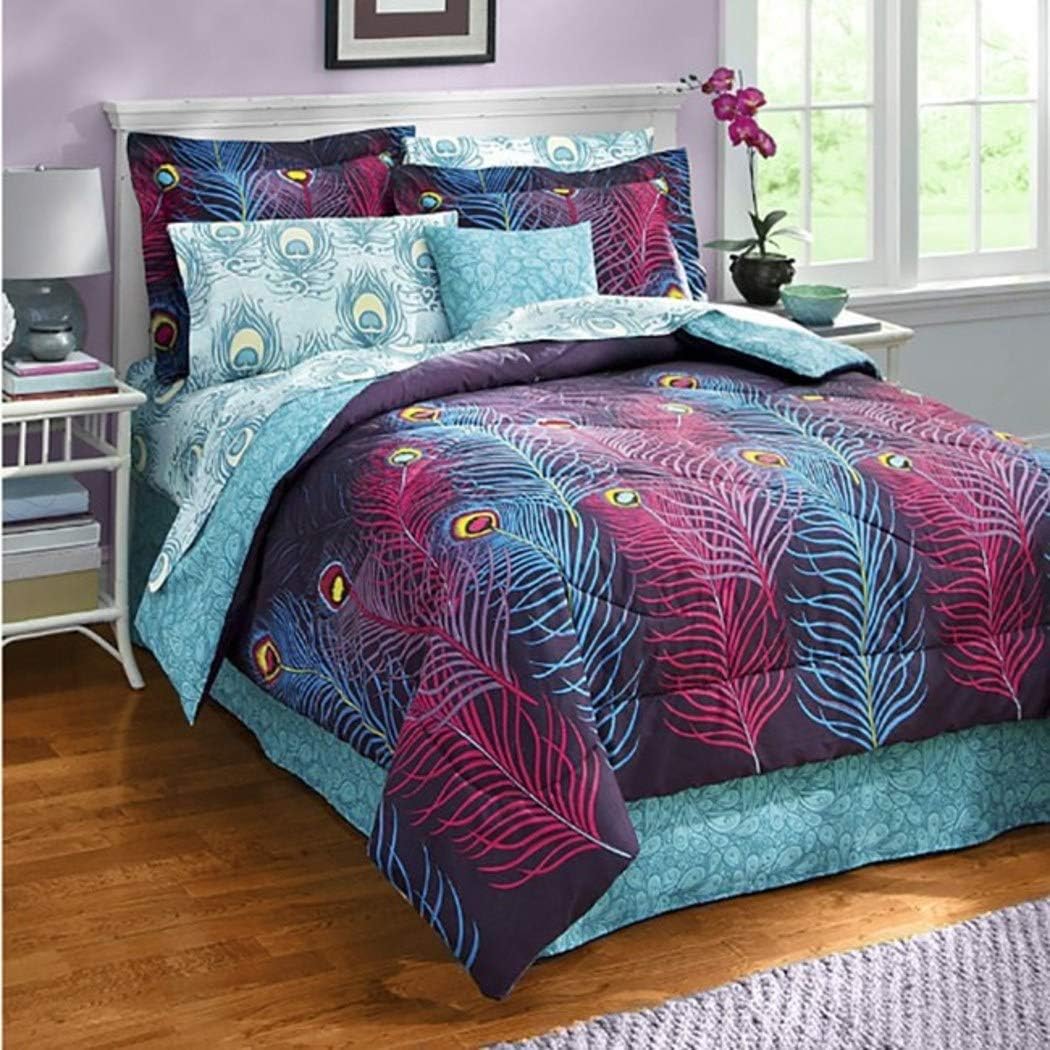 6 Piece Girls Blue Purple Peacock Feather Themed Comforter