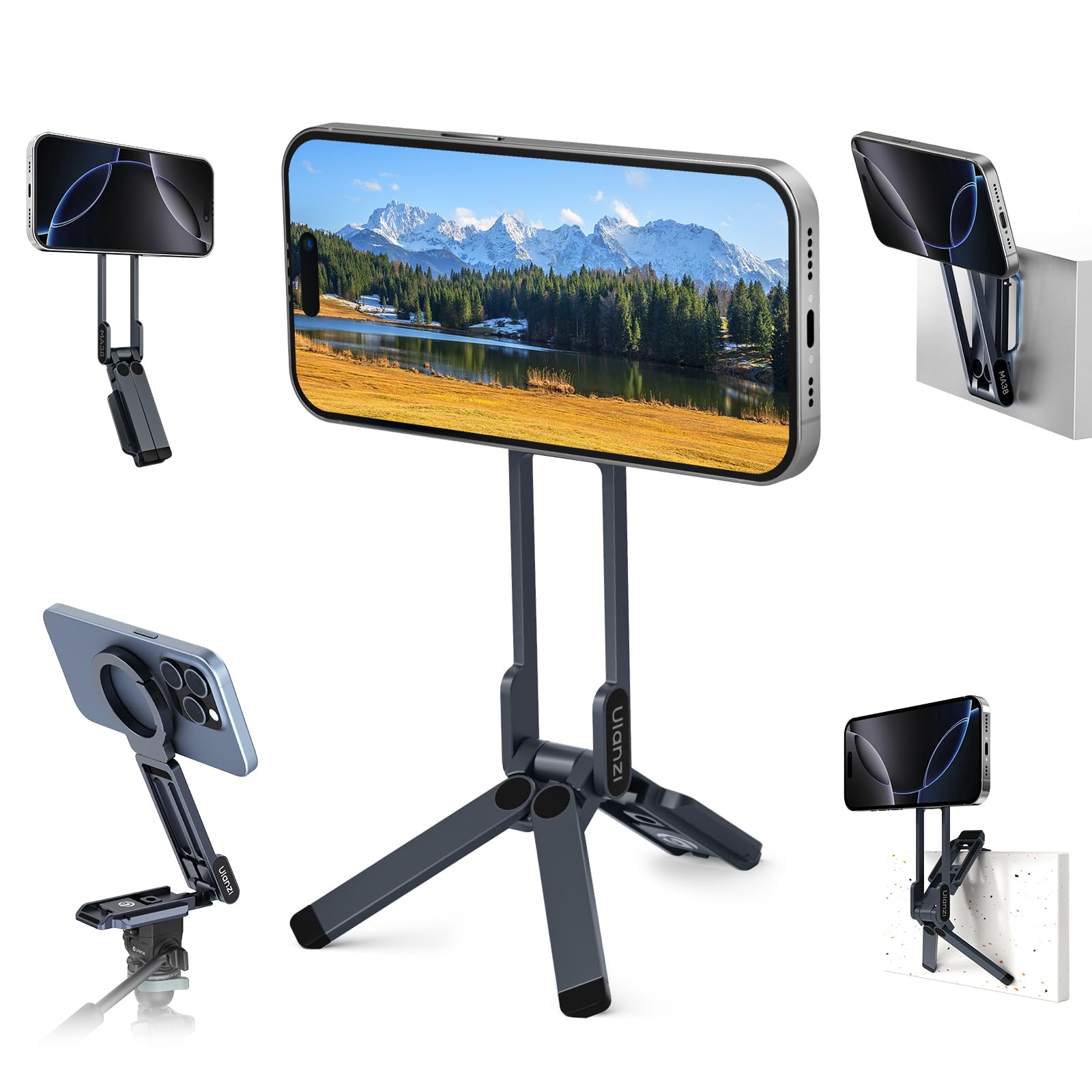 ULANZI Magnetic Phone Tripod for iPhone, MA38 Portable Phone Holder Mini Tripod for Magsafe with Double-Sided 1/4'' Screw Arca Uka Port Foldable Hook for iPhone 17/16/15/14/13/12, Travel Vlog Black