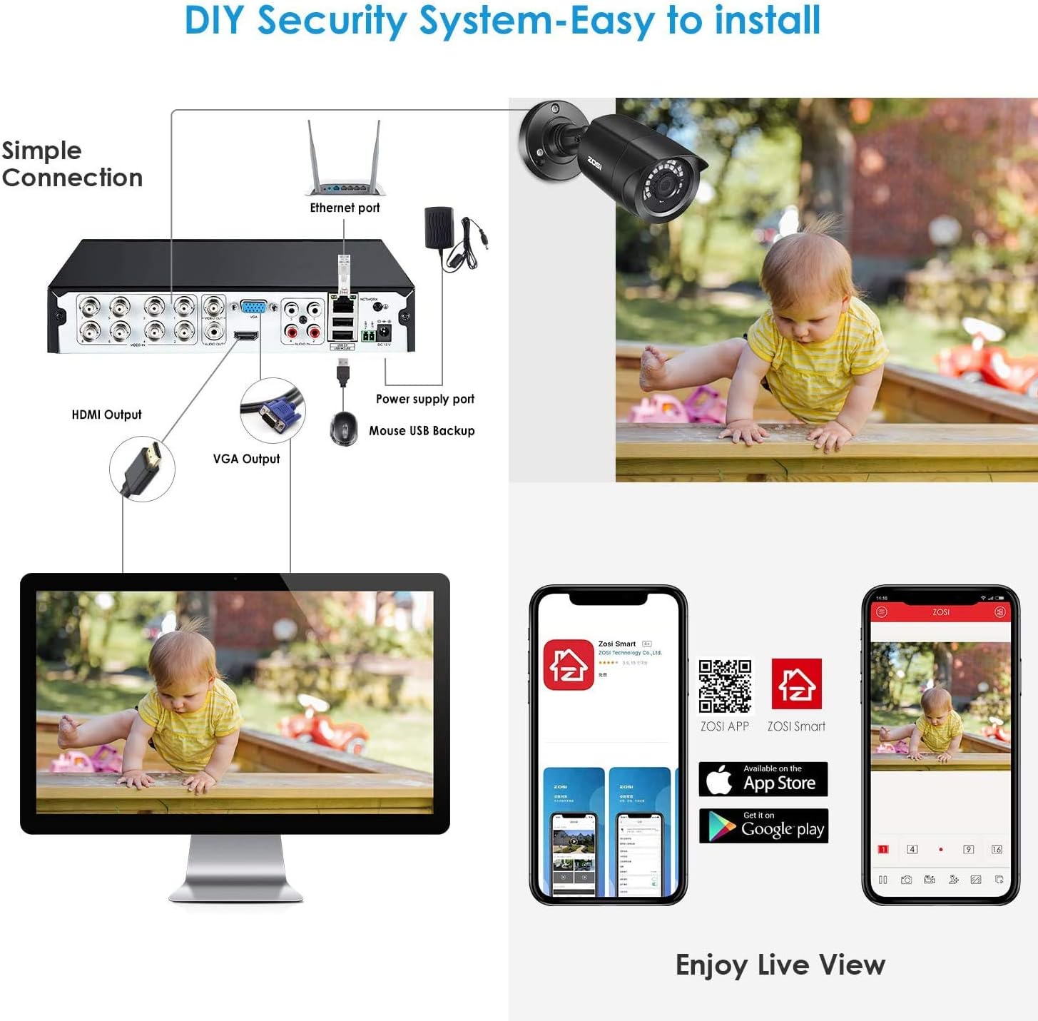 ZOSI 8CH CCTV Camera System, H.265+ 5MP DVR Recorder with 4 x 1080P Outdoor Security Bullet Cameras - Image 4