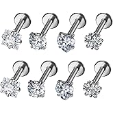 Flat Back Stud Piercing Earrings: 4 Pairs Surgical Steel Inlay CZ Stone Pierced Cartilage Earrings Tragus Earrings Lip Rings Jewelry for Women Men