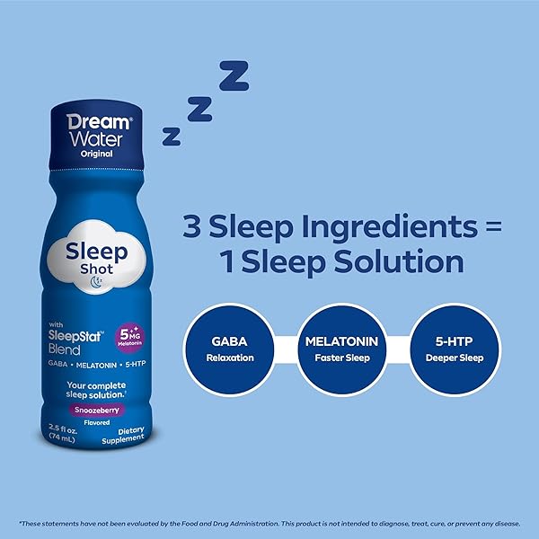 DREAM WATER SLEEP AID SUPPLEMENT DRINK; MELATONIN 5MG, GABA, 5-HTP; ZERO SUGAR, NATURAL FLAVORS, NO ADDED COLORS, 2.5 OZ LIQUID SLEEP SHOTS, SNOOZEBERRY, 12-COUNT