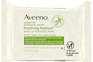 Aveeno Positively Radiant Make Up Removing Facial Cleansing Wipes with Soy Extract, Oil Free and Non-Comedogenic, 25 wipes