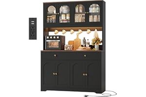HIFIT 71" LED Kitchen Pantry Cabinet with Power Outlet, Large Kitchen Hutch Storage Cabinet with Arched Door & Shelves & 2 Drawers, Tall Farmhouse Coffee Bar w/Hutch for Home Dining Living Room, Black
