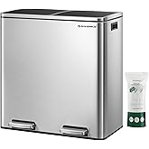 SONGMICS Trash Can, 2 x 8 Gallon (2 x 30 L) Garbage Can for Kitchen, with 15 Trash Bags, 2 Compartments, Plastic Inner Buckets and Hinged Lids, Airtight, Silver and Black ULTB60NL