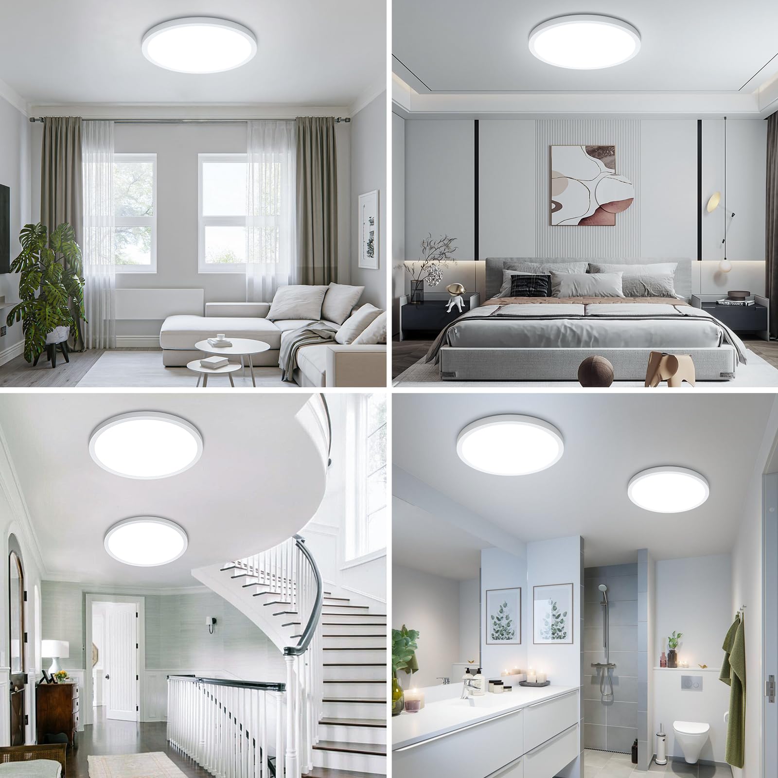 SunRider LED Flush Mount Ceiling Light Fixture, 5000K Daylight White, 2400LM, 12 Inch 24W White Round Flat Bedroom Lights, 240W Equiv. Non-Dimmable