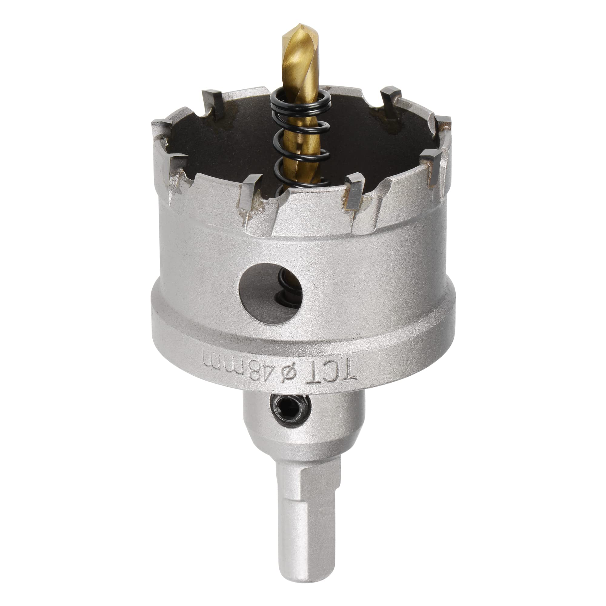 sourcing map 48mm Carbide Hole Cutter, Hole Saws for Stainless Steel Sheet Metal, Non-slip Triangular Shank Limit Step, with Titanium Coated Center Drill