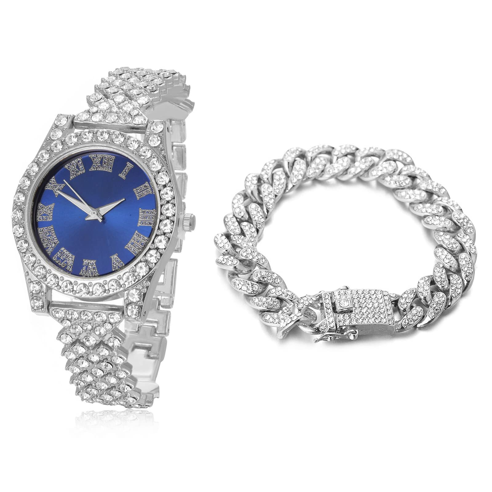 HALUKAKAH Diamonds Gold Watch Iced Out, Kid's Platinum White Gold Plated 36MM Width Blue Dial Quartz Wristband 20cm with Cuban Link Chain 18cm Bracelet, Free Giftbox