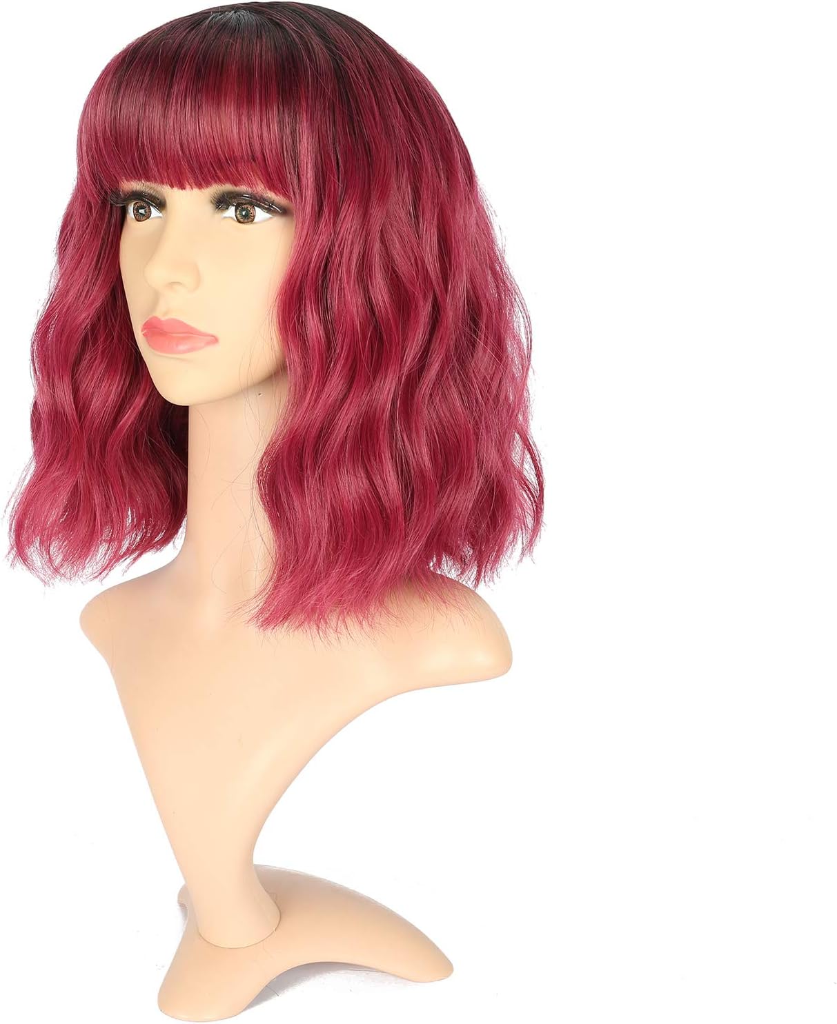 VCKOVCKO Ombre Natural Wavy Bob Wig - Air Bangs, Shoulder Length, Curly Wavy Synthetic Cosplay Wig - Colorful, 12" - Black to WineRed - Image 3