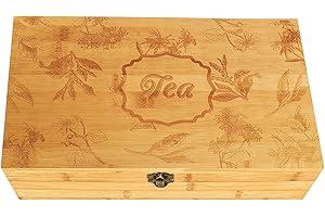 Beyond Your Thoughts Bamboo Tea Box for Family Adjustable 16 Compartments Ttea Bag Organizer and Storage with Latching Leaves
