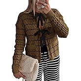 Saodimallsu Womens Striped Tie Front Cardigan Sweaters Crew Neck Long Sleeve Cable Knit Bow Knot Trendy Sweater Tops
