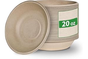 Aricsen Compostable 20 Ounce 150 Pack Disposable Round Paper Bowls, PFAS-Free, Eco-Friendly, Biodegradable Bagasse for Hot Soup Food Salad Dinner Party, Unbleached Natural Light Brown (150, 20 OZ)