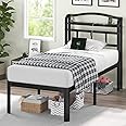 QEROMY Twin Size Bed Frame - Storage Headboard with Charging Station, Easy Assembly, 18 inch Heavy Duty Metal Platform Bed Frame No Box Spring Needed, Black