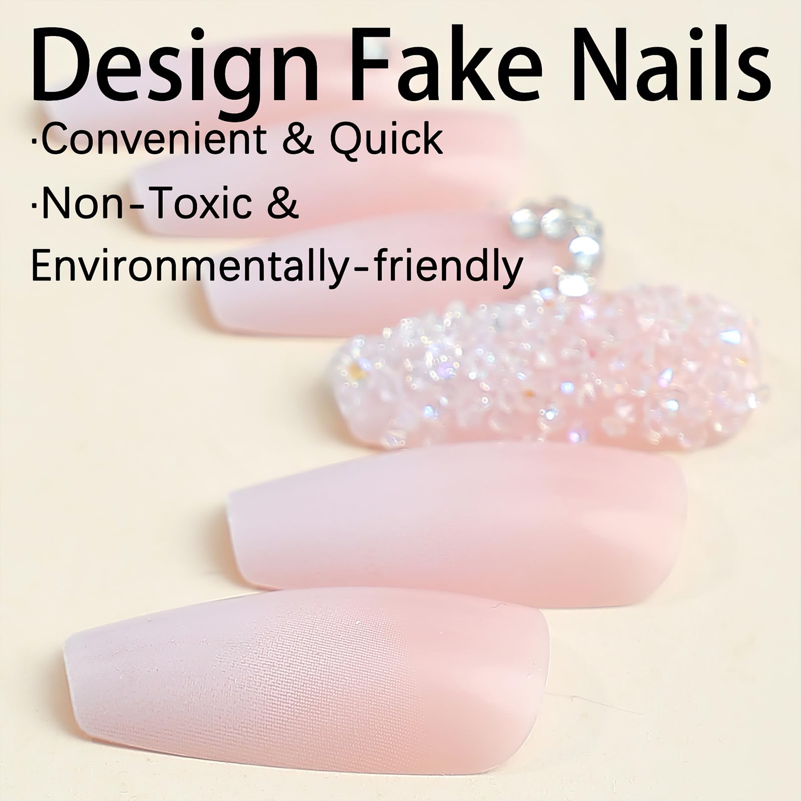 Jremg Pink Press on Nails Long Square Coffin Fake Nails Pink White Ombre Full Cover Acrylic Nails Glossy Gradient False Nails with Design Rhinestone Stick on Nails for Women Girls Manicure 24Pcs - Image 2