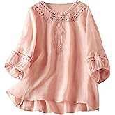 DOVWOER Women's Button Down Embroidery 3/4 Sleeves Cotton Linen Tunic Tops Blouse