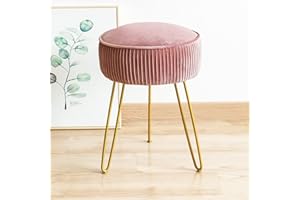 LUE BONA Pleated Vanity Stool, Velvet Upholstered Vanity Stool for Makeup Room, Round Mondern Stool for Vanity, Ottoman Footrest Stool with Metal Legs for Living Room, Bedroom, Pink