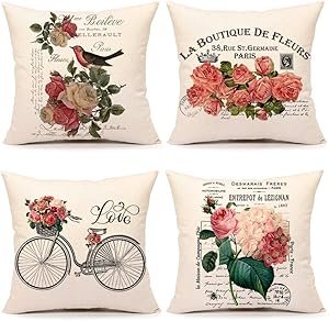 4TH Emotion Spring Retro French Style Throw Pillow Cover Valentine's Day Flowers Cushion Case for Sofa Couch 18 x 18 Inches Cotton Linen Set of 4