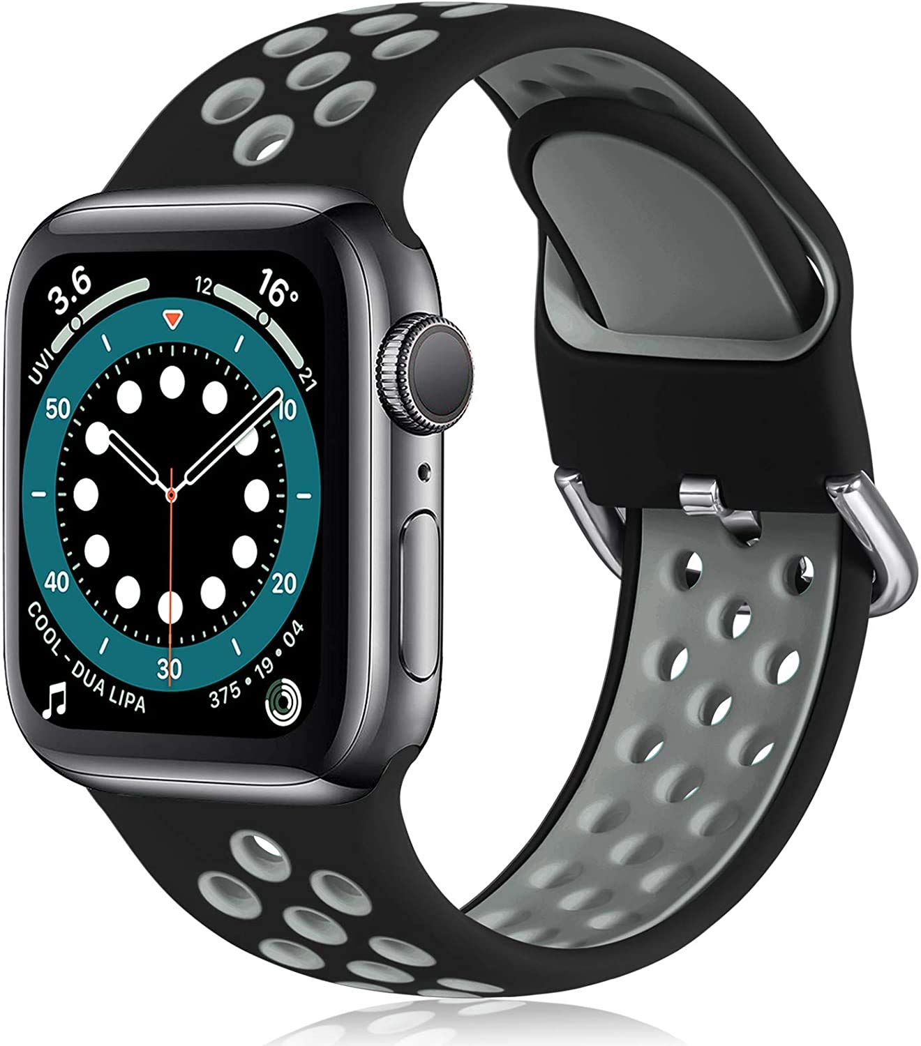 ANCEER Compatible with Apple Watch 5 6 Strap 42 mm 40 mm 38 mm 44 mm, Soft Silicone Sport Wristbands for iWatch Series6 SE 5 4 3 2 1 38/40mm-M/L black/grey