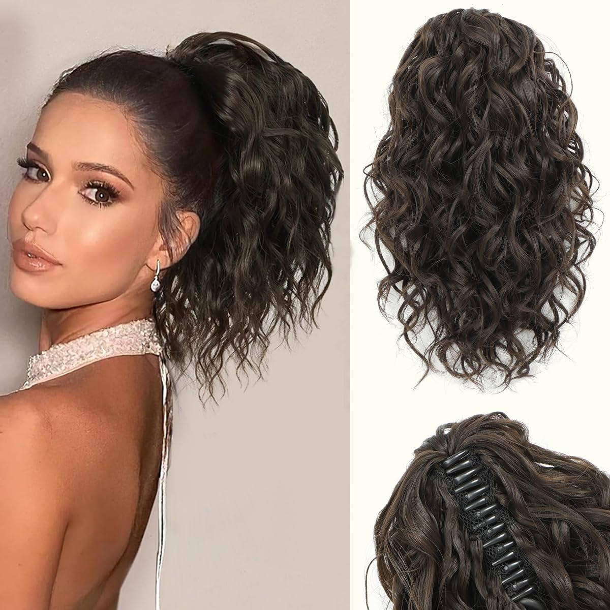 VEGALILY 12 inch Hair Extensions Clip in Dark Chocolate Brown Ponytail Extension Short Curly Claw Clip Ponytail Hair Extensions Soft Drawstring Ponytail Synthetic Fiber Hair Pieces for Women — image 1