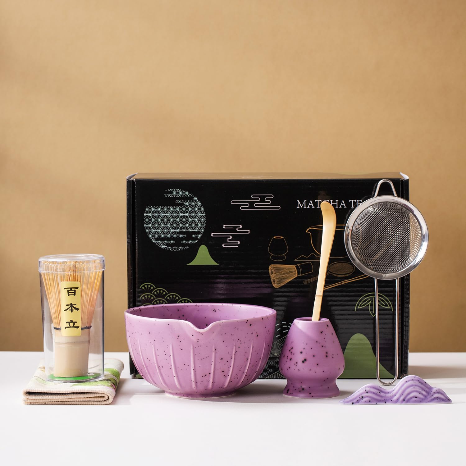 Photo 1 of 7Pcs Japanese Matcha Tea Set, Matcha Kit with Matcha Bowl (with Pouring Spout), Matcha Whisk, Whisk Holder, Strainer - Elegant Matcha Set for Gifting and Personal Use, Gift Box Packaging (Purple;)