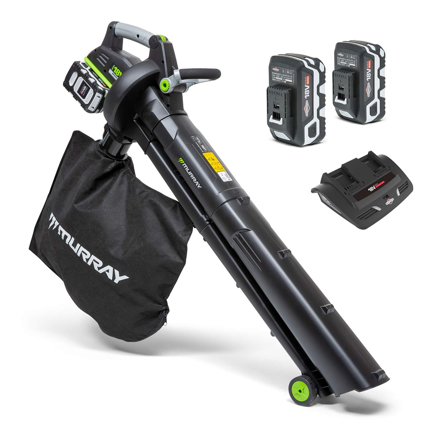Murray IQ18LBVK Dual 18V (36V) Li-Ion Cordless Leaf Blower Vacuum Kit, Powered by Briggs & Stratton, 247 km/h Air Velocity Brushless Motor, 45L bag, Incl. 2x5.0Ah Batteries & Charger