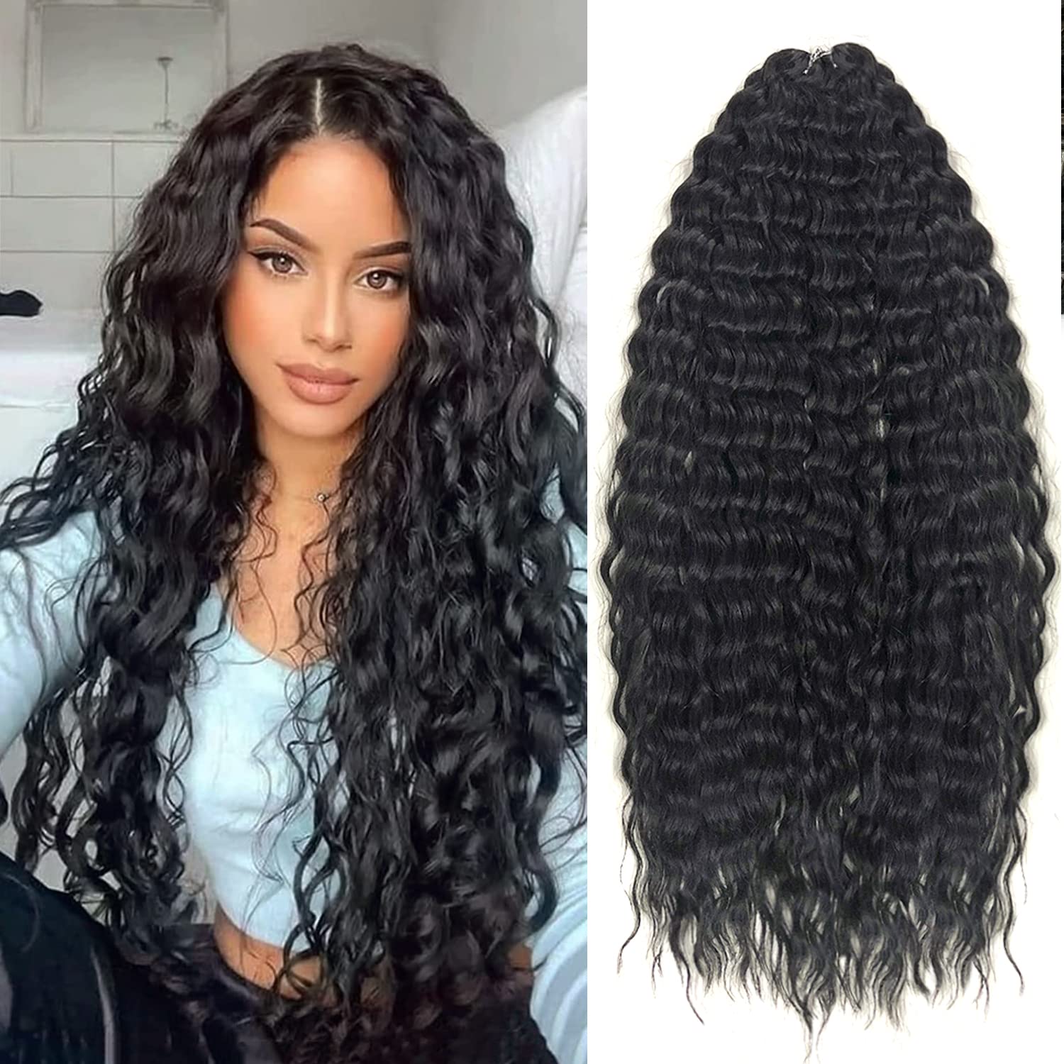 PORSMEER 3 Packs 22" Wave Crochet Hair - Water Wave Twist, Deep Wave Curly Braiding Extension - Kanekalon Synthetic Ocean Wavy Braid for Women, Girls, Kids (1B#)