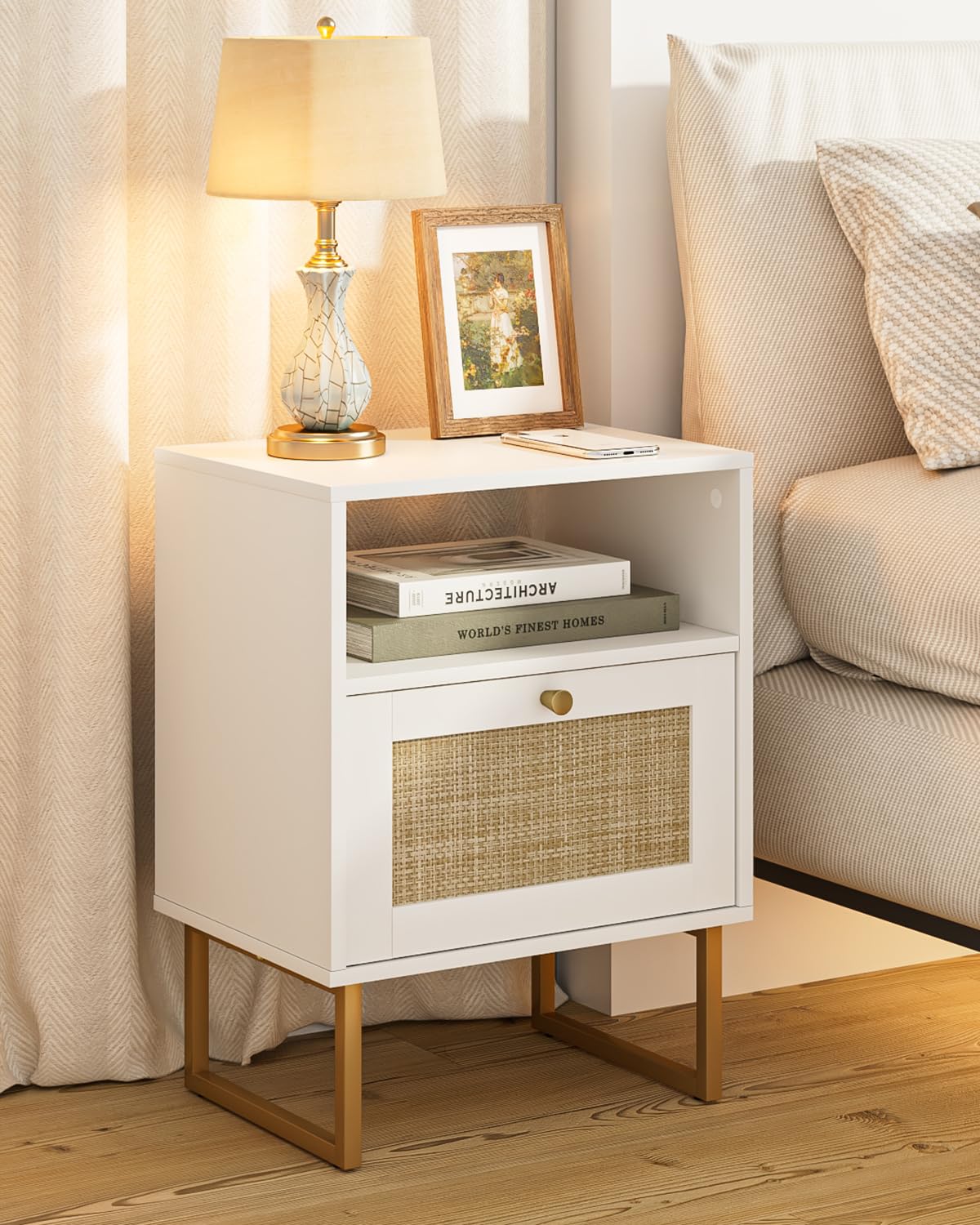 Photo 1 of Apetaccat Rattan Nightstand, Boho Night Stand Farmhouse Wood Bedside Table with Storage and Open Shelf, End Side Accent Table for Bedroom,Living Room,White