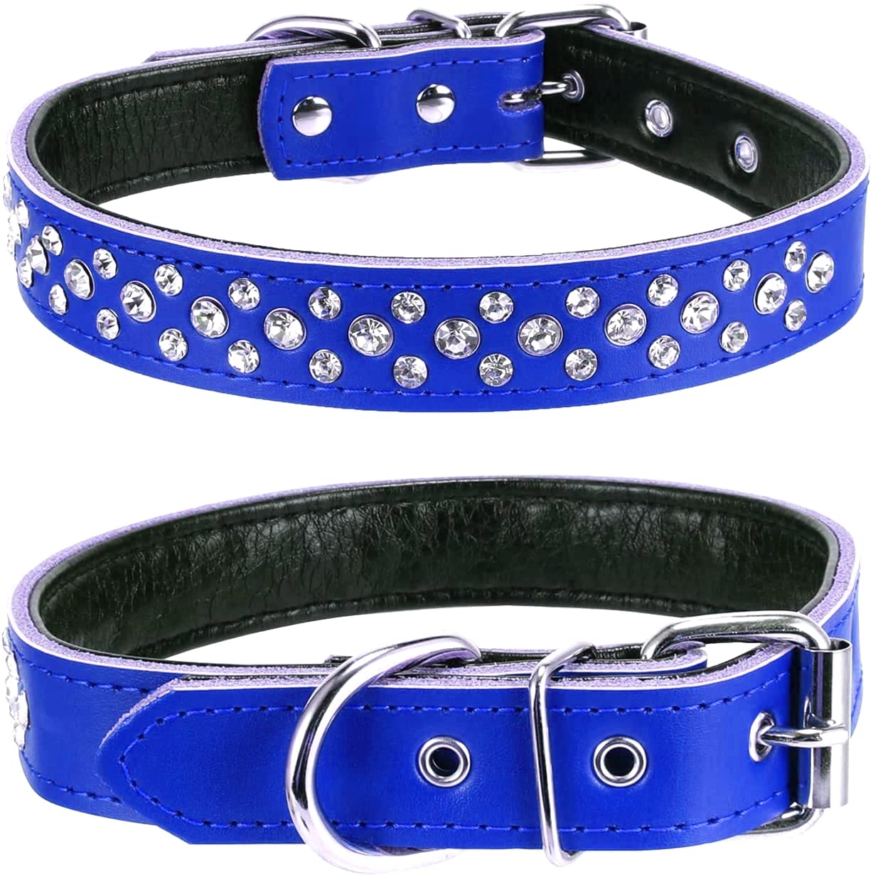 Haoyueer Rhinestones Dog Collar, Adjustable Sparkly Crystal Studded Genuine Leather Pet Dog Collar for Small and Medium Dogs (S, Dark Blue)