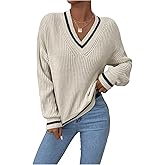 SHENHE Women's V Neck Ribbed Knit Long Sleeve Drop Shoulder Pullover Sweater Tops