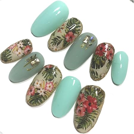 Amazon Onlyone Nail ｾﾐｵｰﾀﾞｰﾈｲﾙﾁｯﾌﾟ 大人 グリーン リーフネイル ハイビスカス風 フラワー ネイル S Onlyone Nail ネイルチップ 通販