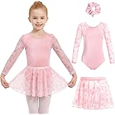JiAmy Girls Ballet Leotards Long Sleeve Mesh Toddler Dance Leotard Combo with Removable Skirt