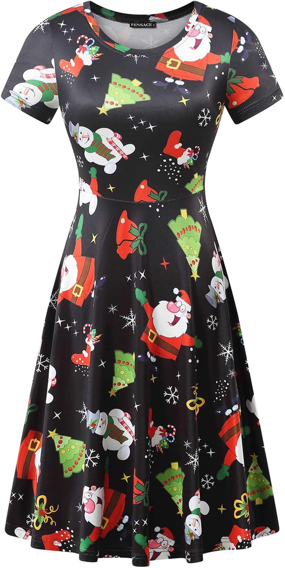 FENSACE Womens Round Neck Short Sleeve Fit and Flare Skater Midi Casual Christmas Dress