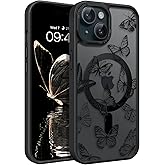 BENTOBEN for iPhone 15 Plus Case,Cute Butterfly Pattern iPhone 15 Plus Magnetic Cover [Compatible with MagSafe] Translucent Matte Slim Women Girl Protective Case 6.7", Black
