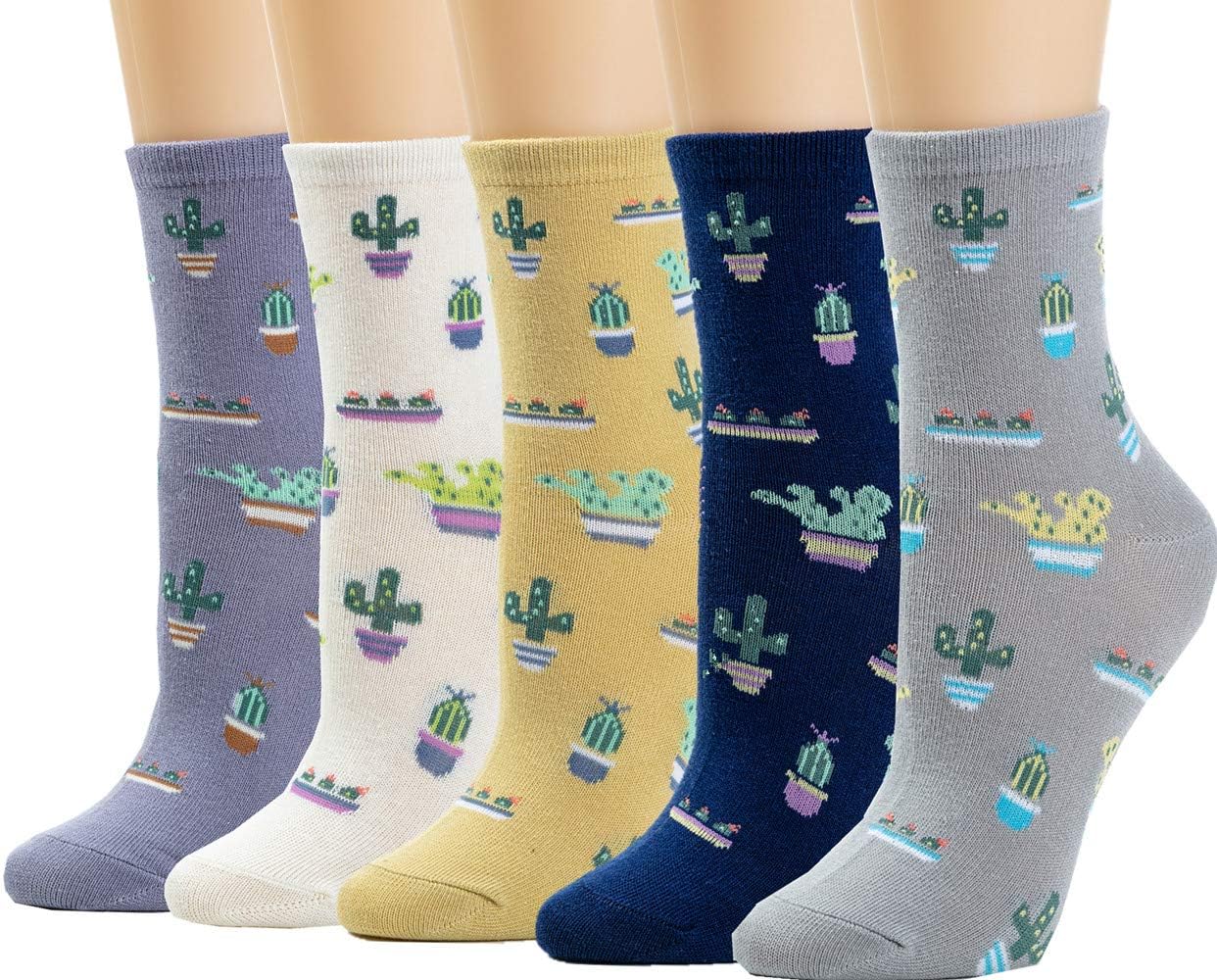 Womens Socks Cactus Crew Socks Gifts Cotton Long Funny Socks for Women Novelty Funky Cute Cartoon Socks 5 Pairs WCS1-Cactus