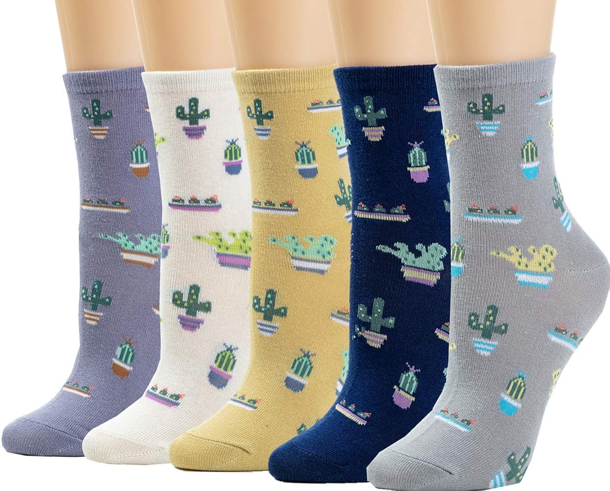 Womens Socks Cactus Crew Socks Gifts Cotton Long Funny Socks for Women Novelty Funky Cute Cartoon Socks 5 Pairs WCS1-Cactus