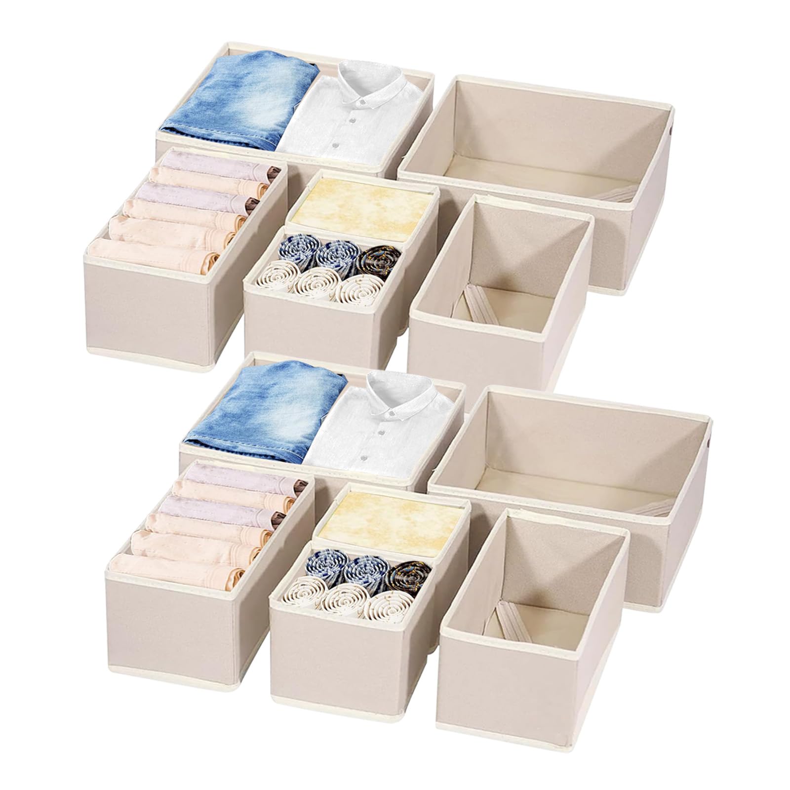 Kongming Drawer Organiser, 12 Pcs Clothes Storage Boxes, Folding Drawer Dividers, Washable Draw Organisers for Bedroom Fabric Underwear Organiser Storage Shirt, Socks, Bras, Underwear, Khaki