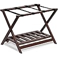 PJ Wood Luggage Rack with Rack Shelf, Portable and Foldable Wooden Suitcase Stand for Bedroom or Closet, Walnut