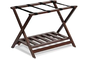 PJ Wood Luggage Rack with Rack Shelf, Portable and Foldable Wooden Suitcase Stand for Bedroom or Closet, Walnut