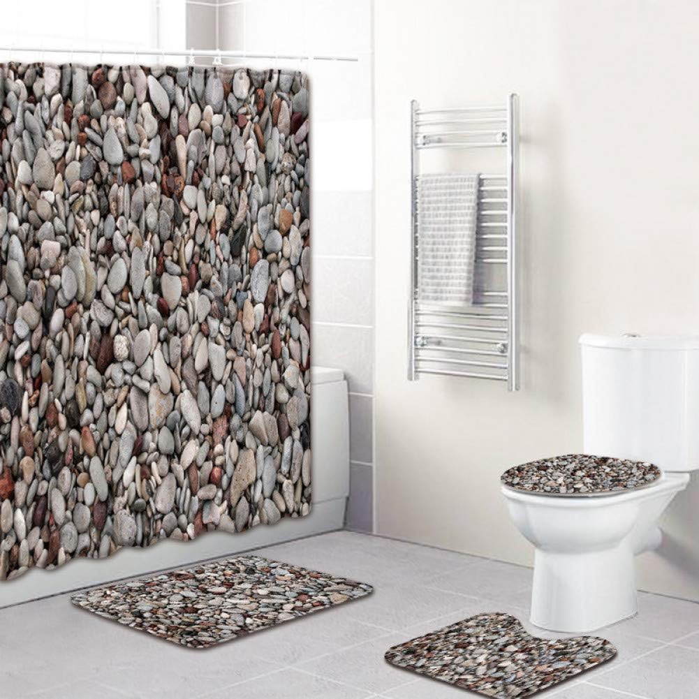 WWZEMLK Three-piece toilet Stone Pattern 4 Piece Shower Curtain for Bathroom Carpet 3D Bath Mat Set Anti Slip Toilet Rug Set Fleece Seat Cvoer Blanket