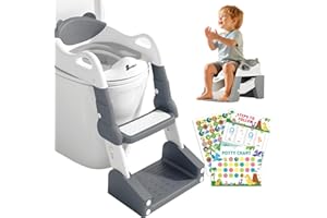 Szwbee 3-in-1 Potty Training Toilet, Toddler Toilet Seat with Step Stool, Foldable Potty Ladder with Potty Chart, PU Cushion, Splash Guard, Anti-Slip Steps & Urinal for Boys & Girls, Grey