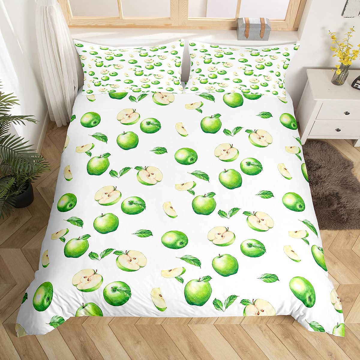 Homemissing Apple Bedding Set for Girls Boys Children Kids Cute Green Apples Comforter Cover Fruits Duvet Cover Vibrant Bright Leaves Bedding & Linen Single Size 2Pcs