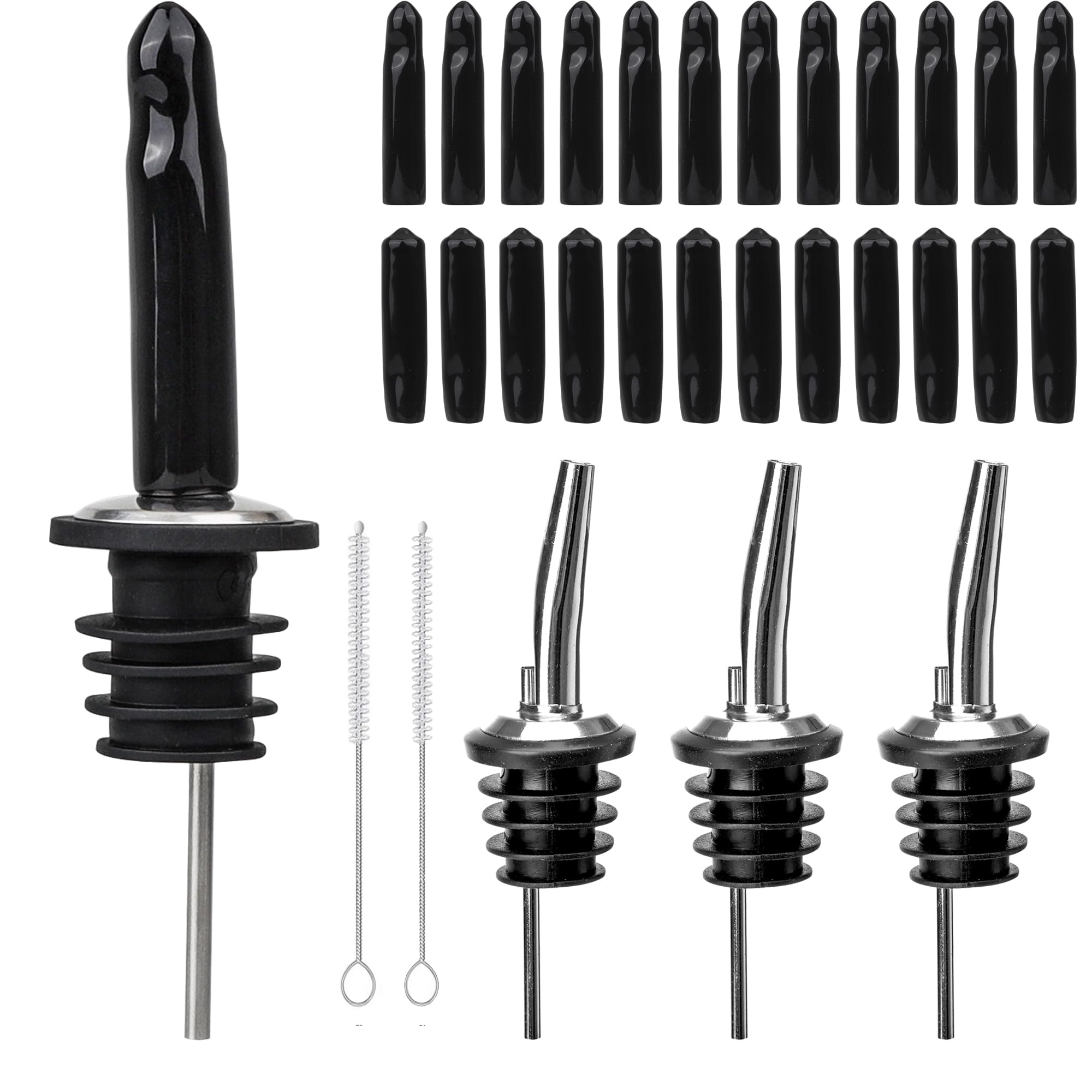 Roosea 28Pcs Liquor Pourer Set 4 Bottle Pourers and 24 Speed Pourers Covers, Stainless Steel Spirit Pourers Drinks Pourer for Spirits Oil Pourer Tapered Spout for Wine Oil Coffee Vinegar Jar Bottles