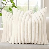 decorUhome Cozy Faux Fur Spring Throw Pillow Covers 16x16 Set of 2 Decorative Soft Plush Striped Modern Farmhouse Boho Couch Pillow Cases with Velvet Back for Sofa Bed Living Room, Cream White