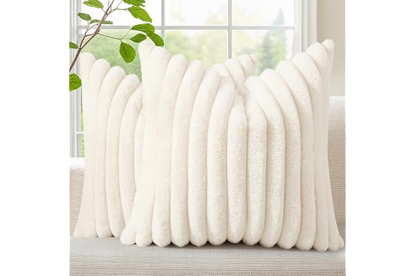 decorUhome Fall Cream White Faux Fur Throw Pillow Covers 18x18 Set of 2 | Velvet Decorative Pillow Covers, Fuzzy Striped Soft