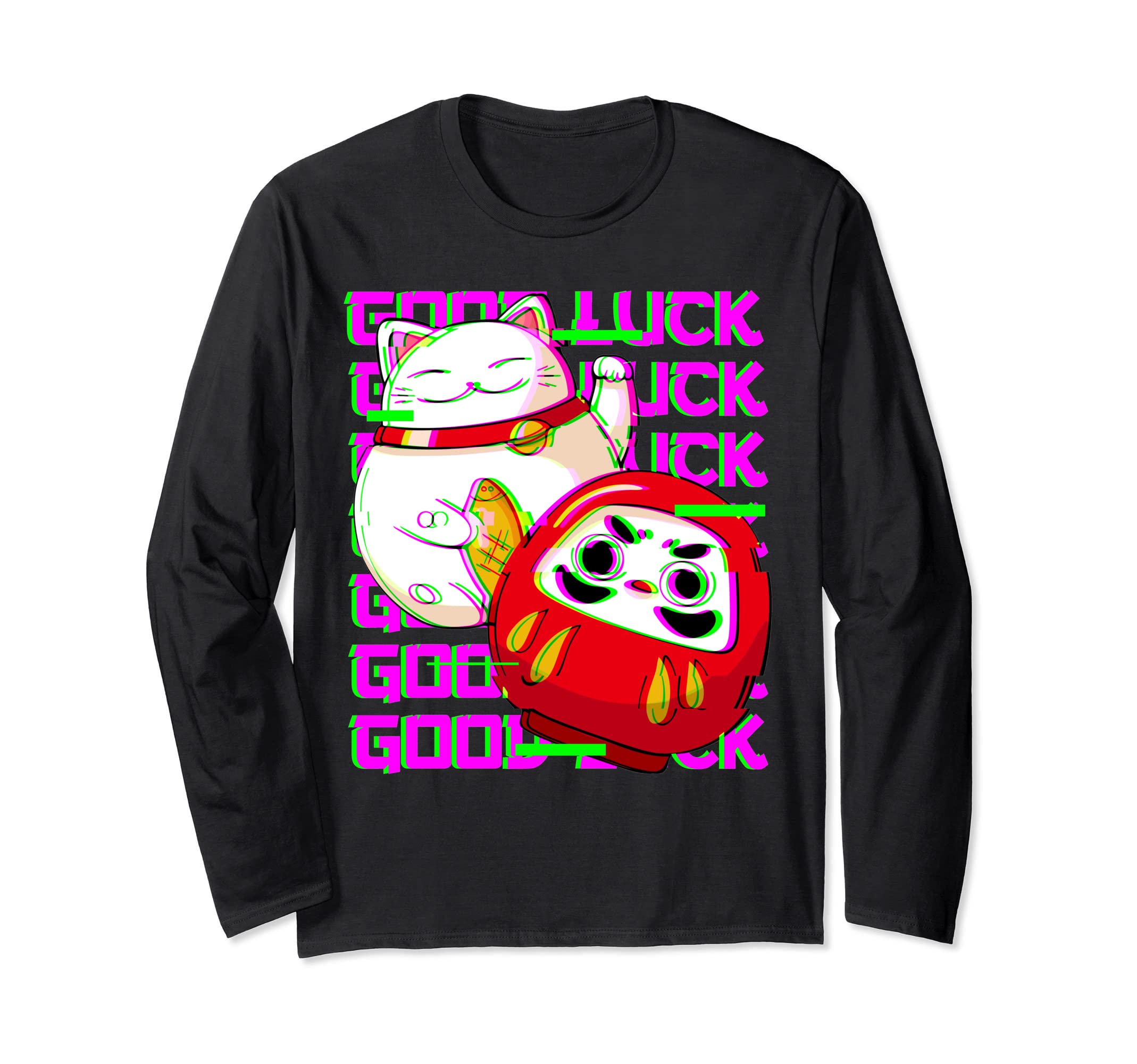 Vaporwave Maneki Neko Lucky Cat Japanese Daruma Doll Kawaii Long Sleeve T-Shirt