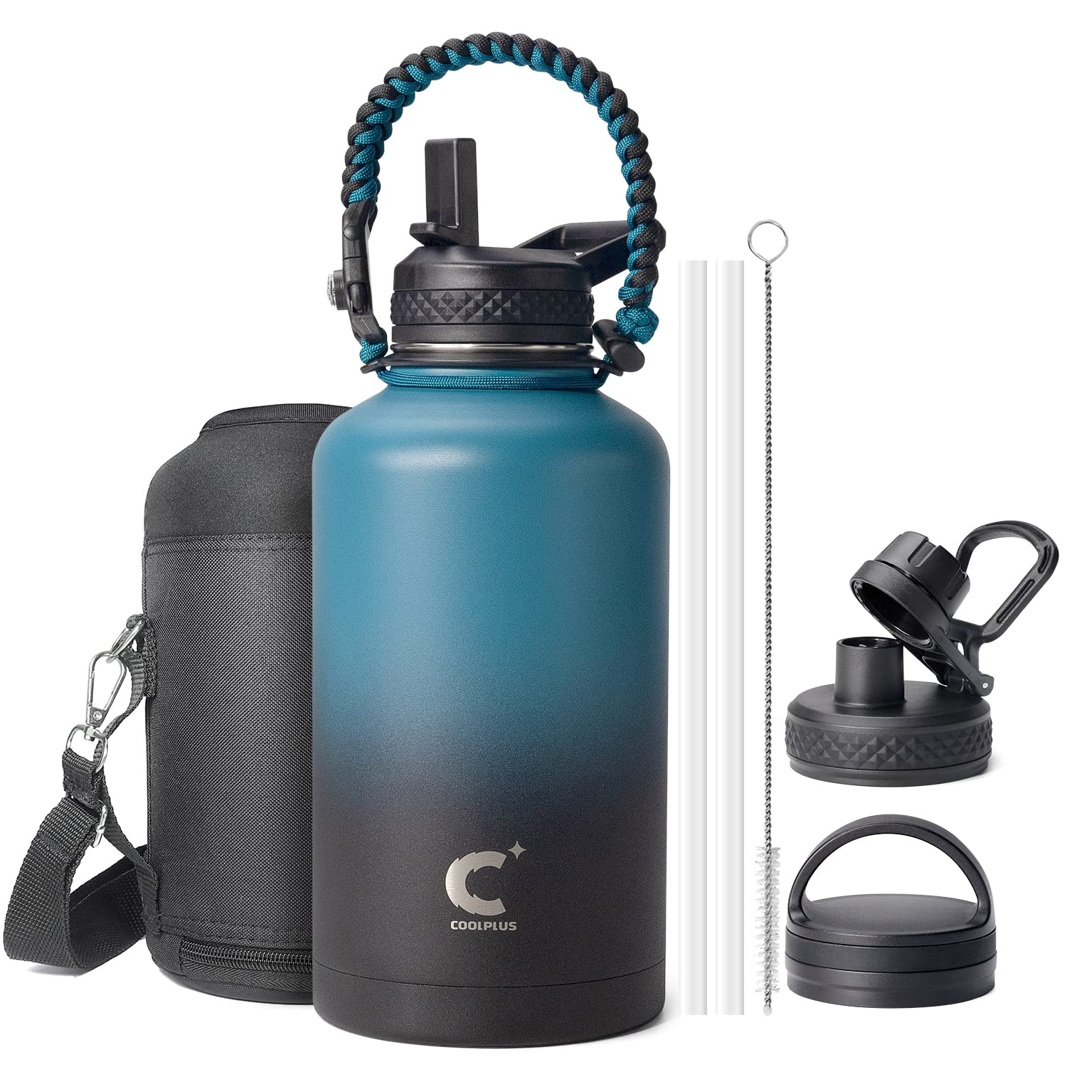 Photo 1 of Coolplus Insulated Water Bottle 64 oz, Triple Wall Vacuum Stainless Steel (Cold for 48 Hrs), Leak Proof & BPA-Free, Half Gallon Water Flask Jug with Paracord Handle & 3 Lids, Blue Black
