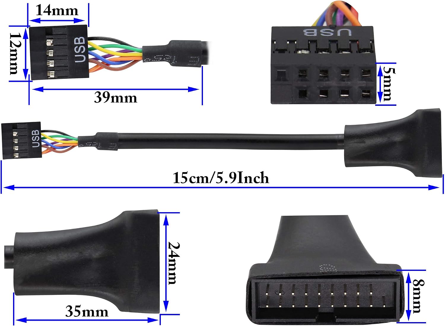 zdyCGTime USB 3.0 19Pin male to USB 2.0 9Pin female convertor Computer cable connector,Motherboard adapter cable,motherboard 9Pin female to 20Pin male pure copper.(15cm/4 Pack) - Image 3