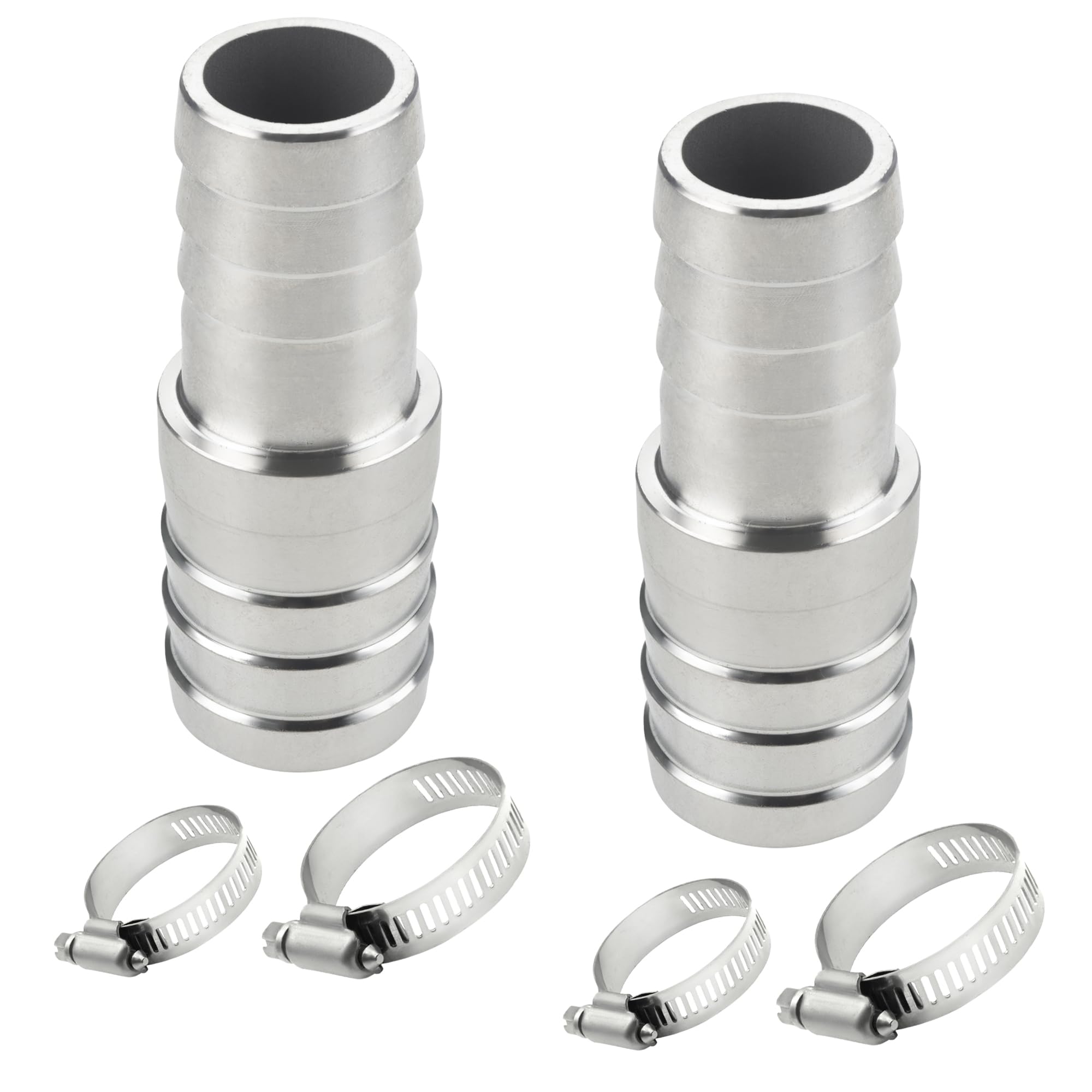 Photo 1 of Yoebor Stainless Steel 304 Reducer Hose Barb Union Fitting, 1-1/4" Barbed x 1" Barbed Coupling W/4 Hose Clamps, Pack of 2