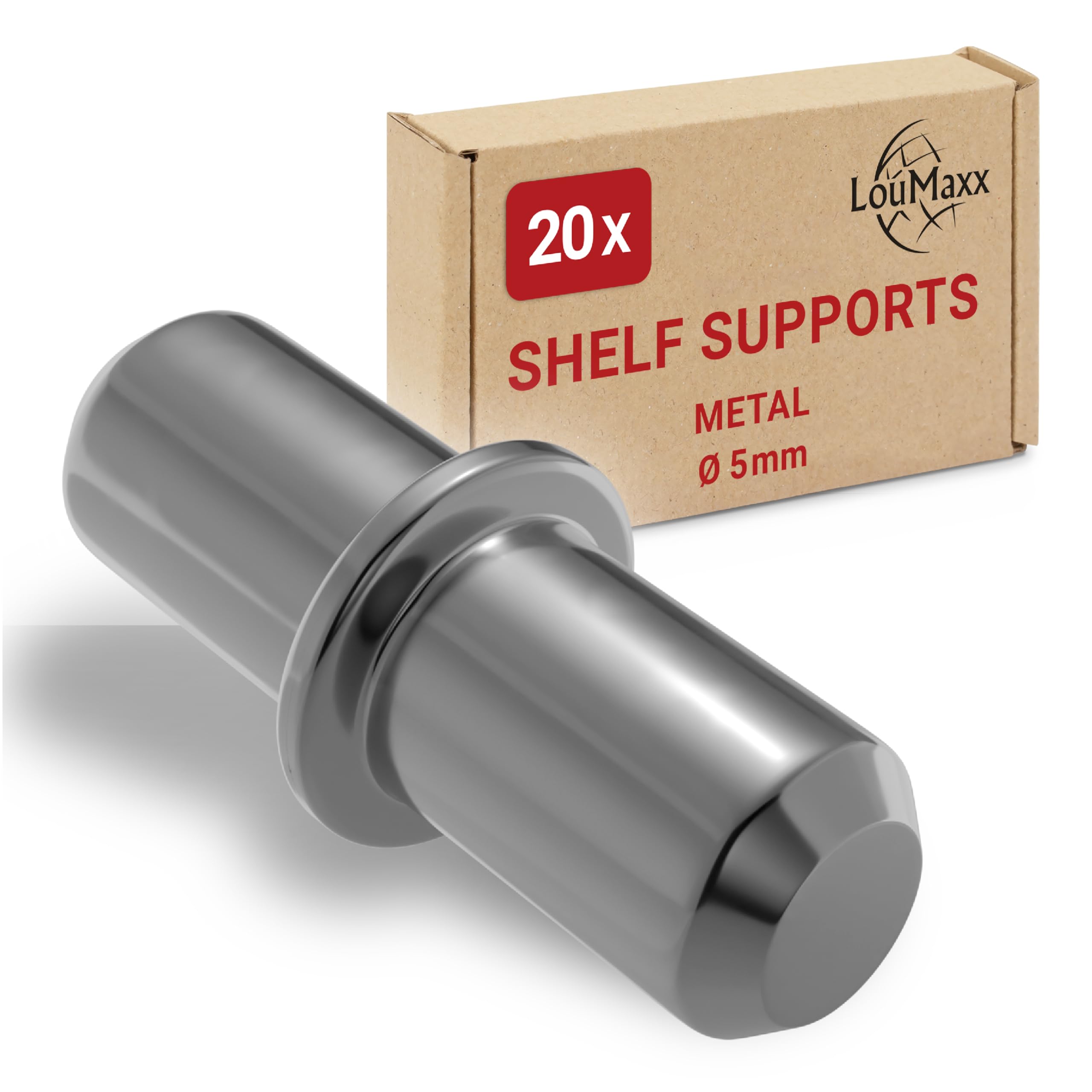 LouMaxx Shelf Supports 5mm, Pack of 20 with Ring for Bore – Shelf Insert Holder - Compartment Shelf Support - Board Holder - Shelf Board Holder - Shelf Support 5 mm made of solid steel, nickel-plated