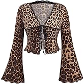 GORGLITTER Women's Plus Size Cheetah Print Tie Front Crop Top Animal Lace Bell Long Sleeve Blouse Shirt Holiday Outfits
